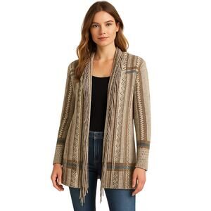 Nic + Zoe Women's Small Open Fringe Knit Cardigan Brown Boho Chic